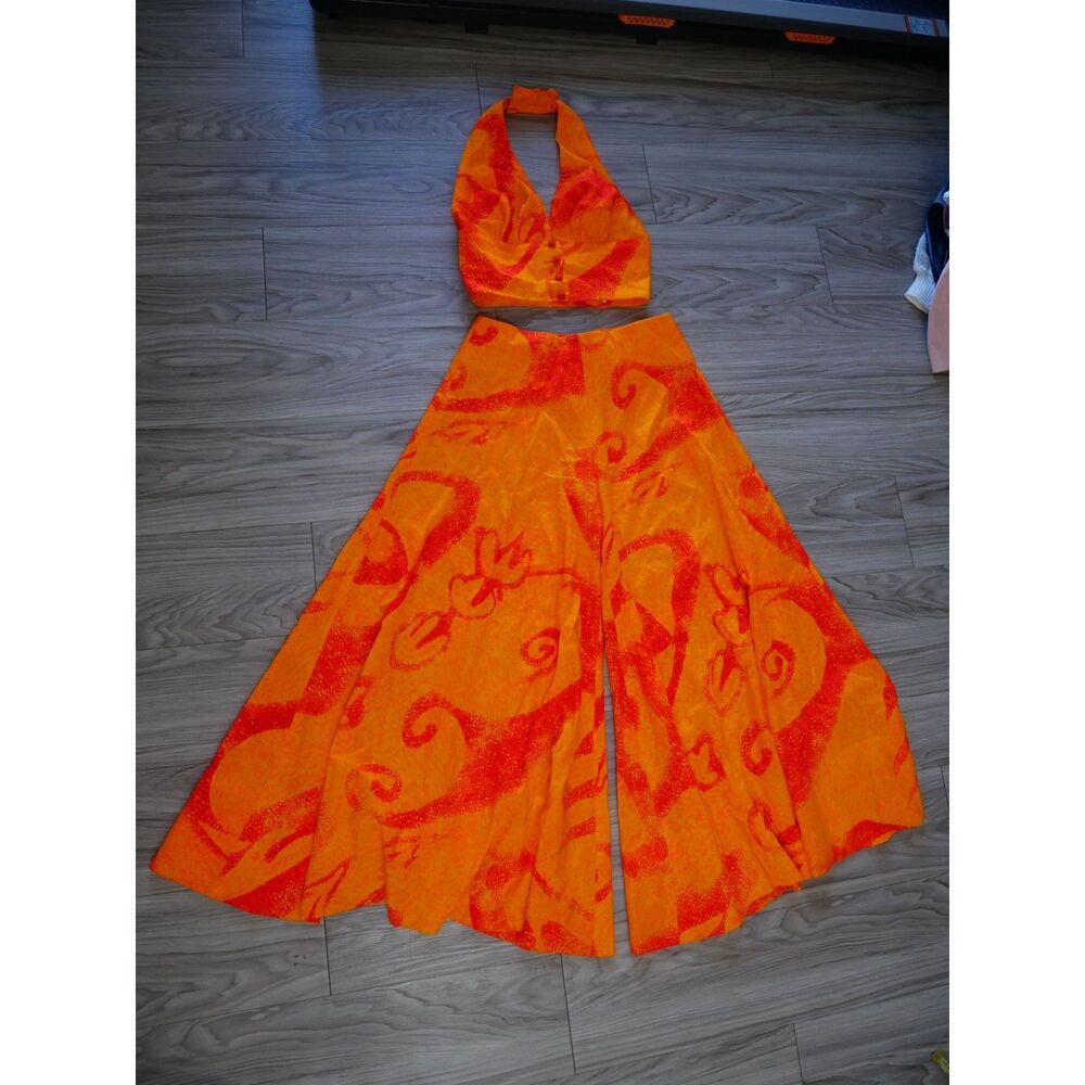 Vintage Orange Halter Top Wide Leg Pants Set Abstract Print Two Piece